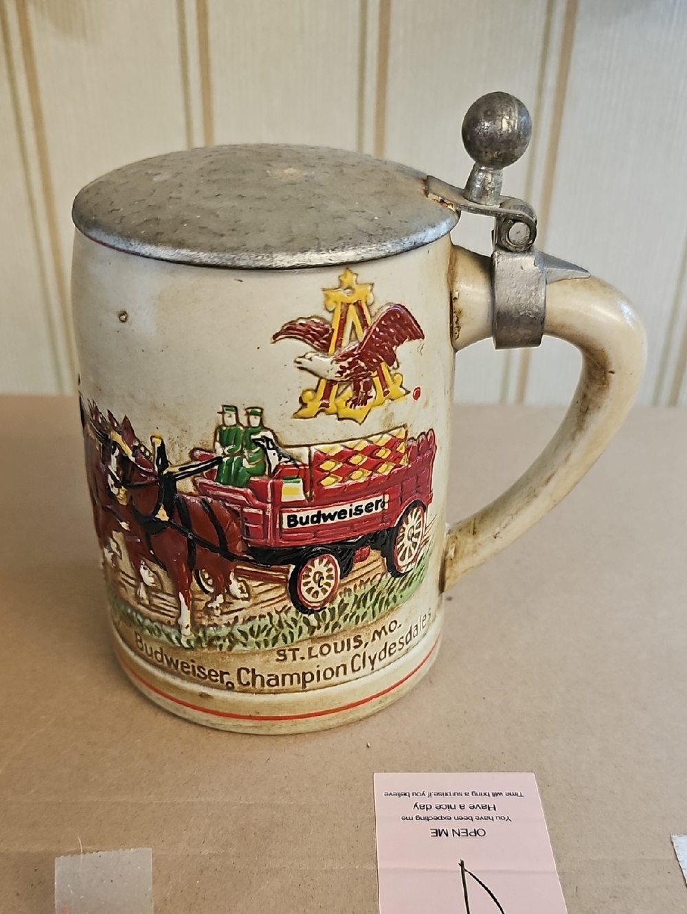 Budweiser Ceramic Stein with Red Wagon and Cream Body
